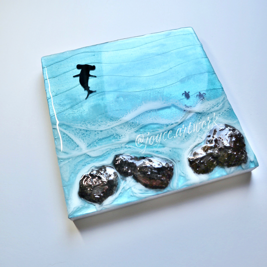 Hammerhead and Turtles Painting 8”x8” in