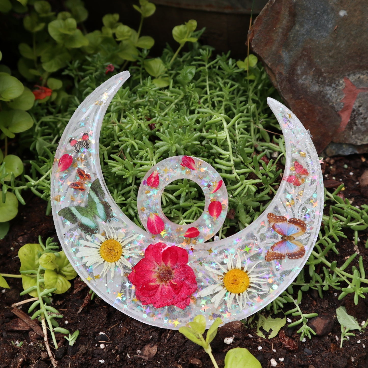 Floral & Butterfly Crescent Moon Sphere Stand | Glow in the Dark