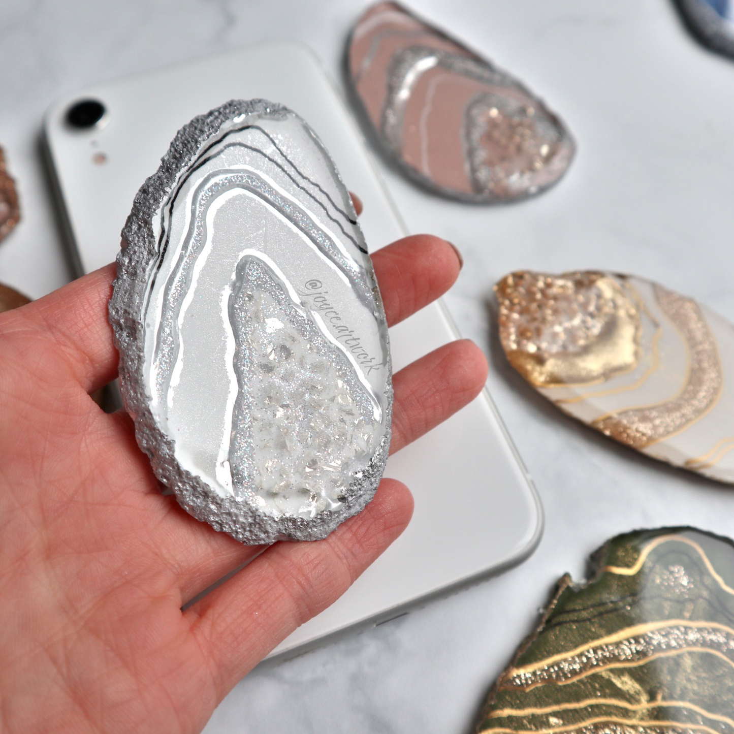 White and Silver Geode Slice Phone Grip